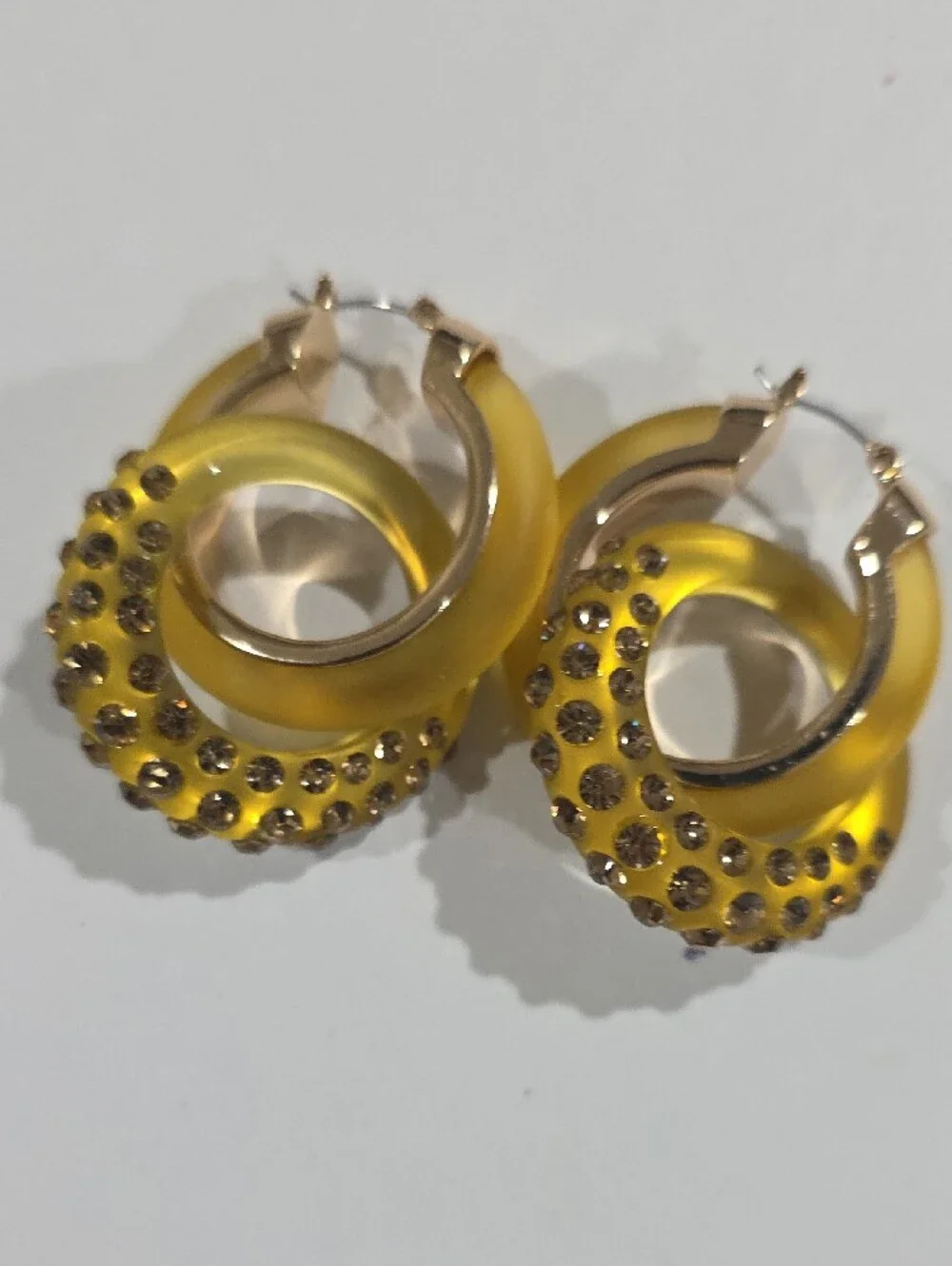 Yellow Double Hoop Earrings w/ Crystal Accents – Bold Women's Statement Jewelry